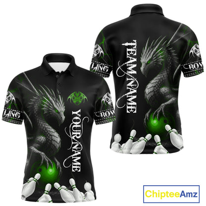 Black And Green Custom Dragon Bowling Polo, 1/4 Zip Shirt For Men, Bowling Team League Jersey TDM7890