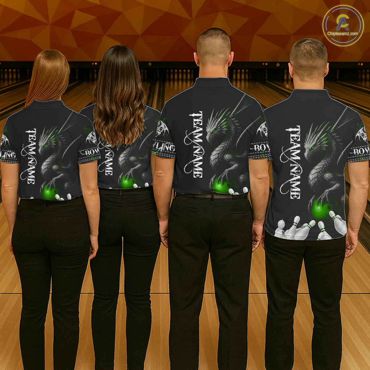Black And Green Custom Dragon Bowling Polo, 1/4 Zip Shirt For Men, Bowling Team League Jersey TDM7890