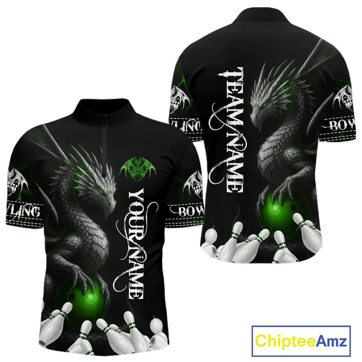 Black And Green Custom Dragon Bowling Polo, 1/4 Zip Shirt For Men, Bowling Team League Jersey TDM7890