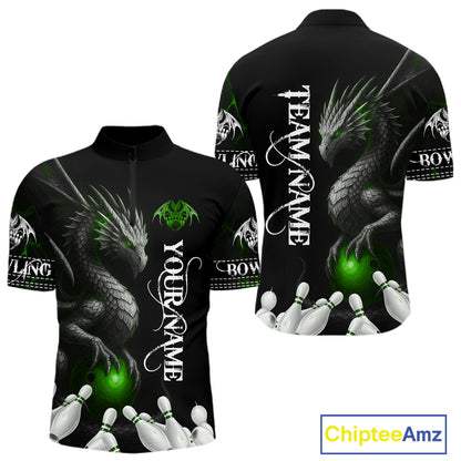 Black And Green Custom Dragon Bowling Polo, 1/4 Zip Shirt For Men, Bowling Team League Jersey TDM7890