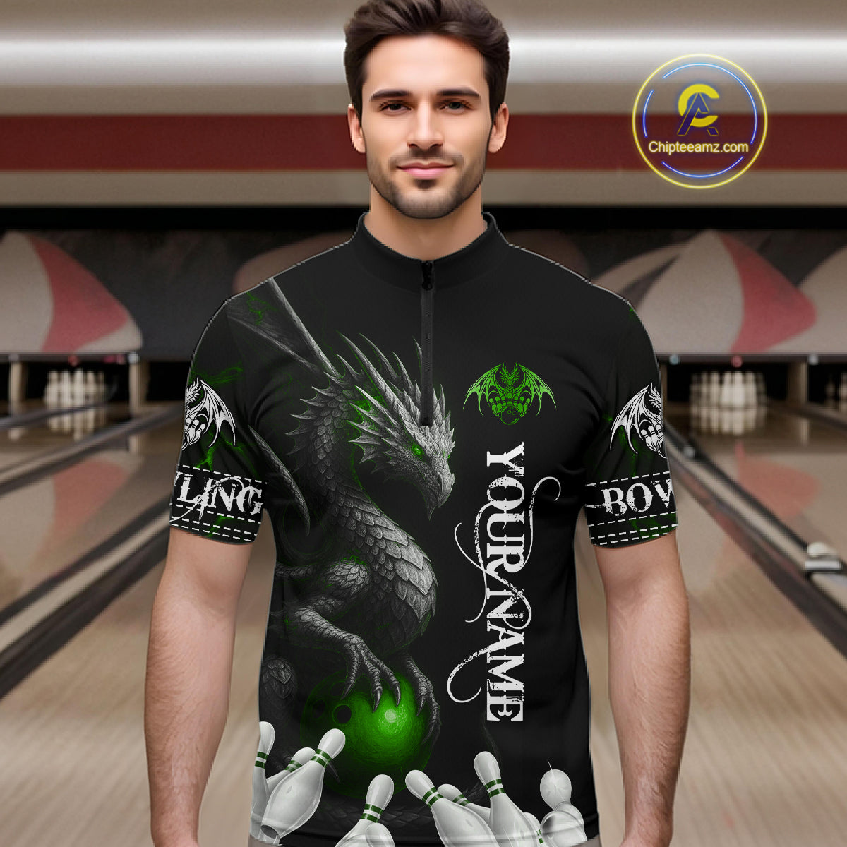 Black And Green Custom Dragon Bowling Polo, 1/4 Zip Shirt For Men, Bowling Team League Jersey TDM7890
