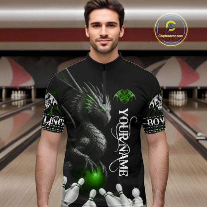 Black And Green Custom Dragon Bowling Polo, 1/4 Zip Shirt For Men, Bowling Team League Jersey TDM7890