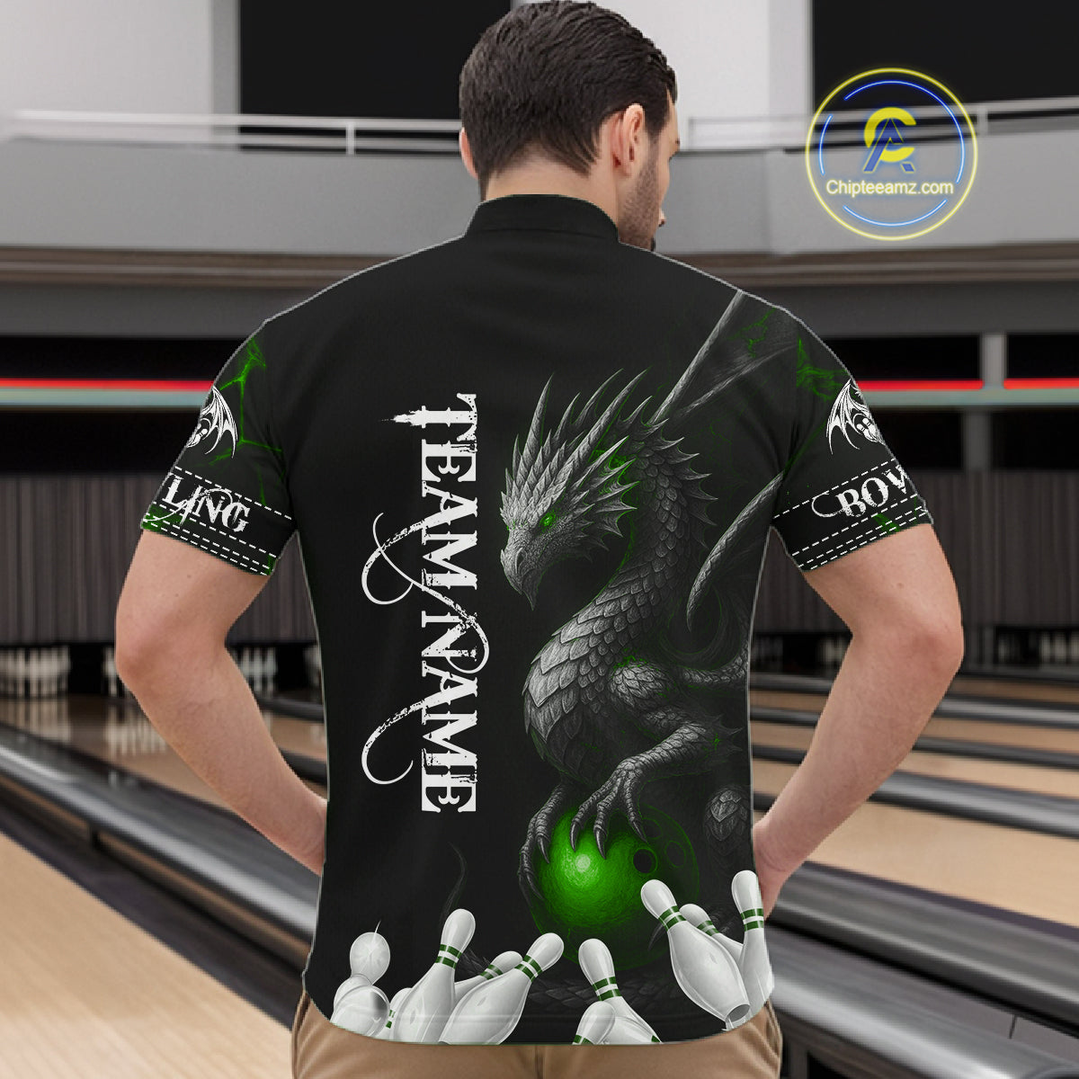 Black And Green Custom Dragon Bowling Polo, 1/4 Zip Shirt For Men, Bowling Team League Jersey TDM7890