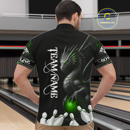 Black And Green Custom Dragon Bowling Polo, 1/4 Zip Shirt For Men, Bowling Team League Jersey TDM7890