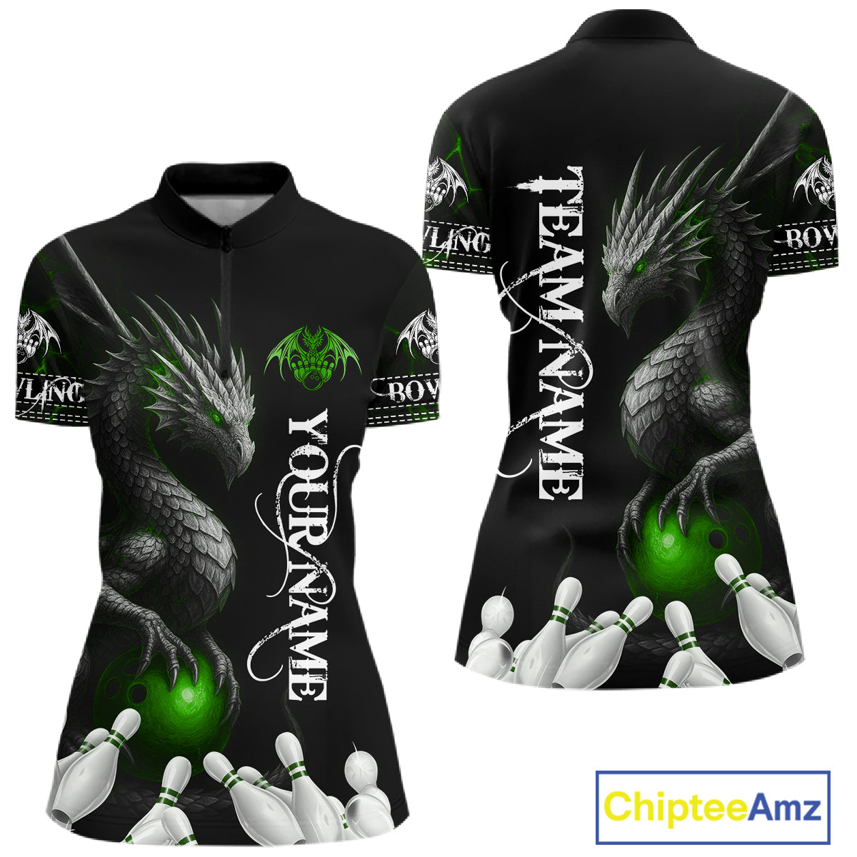 Black And Green Custom Dragon Bowling Polo, Quarter Zip Shirt For Women, Bowling Team League Jersey TDM7890