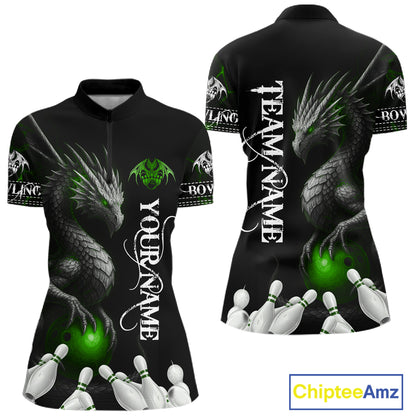 Black And Green Custom Dragon Bowling Polo, Quarter Zip Shirt For Women, Bowling Team League Jersey TDM7890