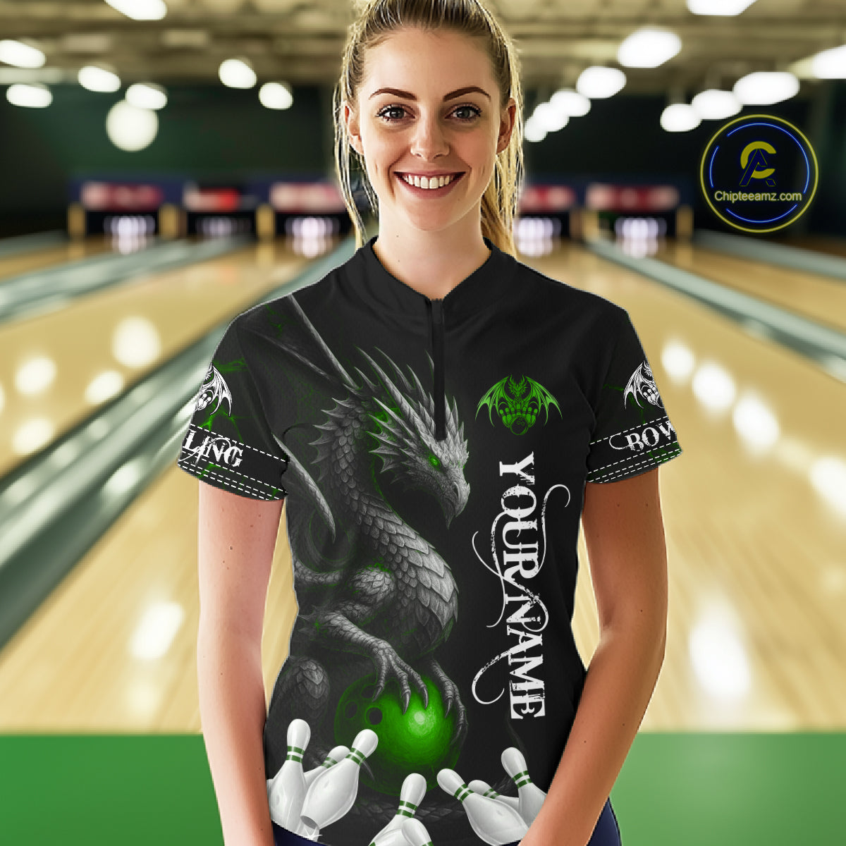 Black And Green Custom Dragon Bowling Polo, Quarter Zip Shirt For Women, Bowling Team League Jersey TDM7890