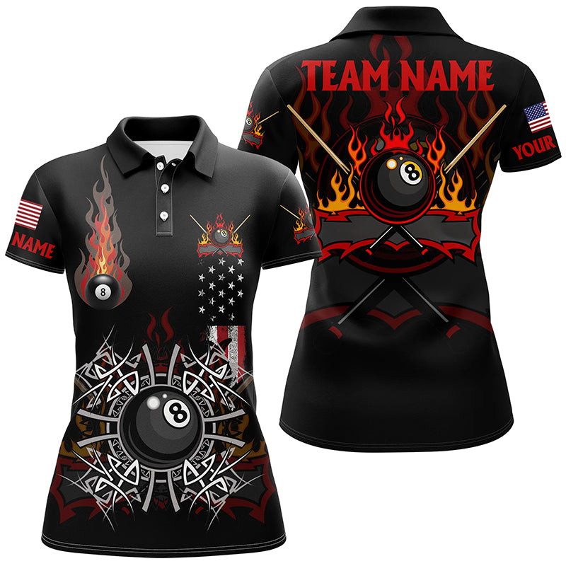 Personalized Billiard Fire American Flag Polo Shirts For Women, Unique Pool Player Shirts For Team TDM0572