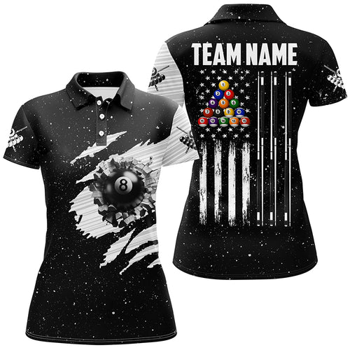 Customized Black White Grunge American Flag 8 Ball Pool Women Billiard Shirts, Patriotic Pool Jerseys TDM2985