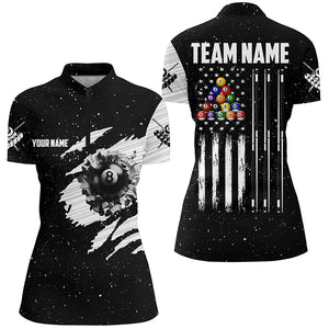 Customized Black White Grunge American Flag 8 Ball Pool Women Billiard Shirts, Patriotic Pool Jerseys TDM2985