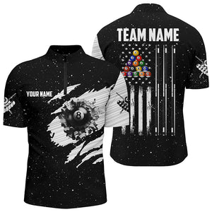 Customized Black White Grunge American Flag 8 Ball Pool Men Billiard Shirts, Patriotic Pool Jerseys TDM2985