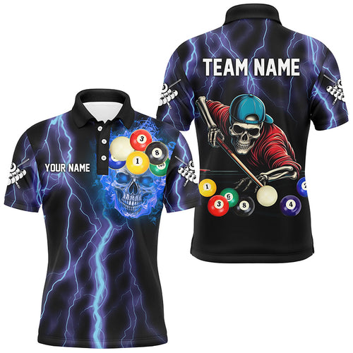 Personalized Thunder Lightning Blue Skull Men Billiard Shirts, Skeleton Billiard Balls Pool Jerseys TDM2993