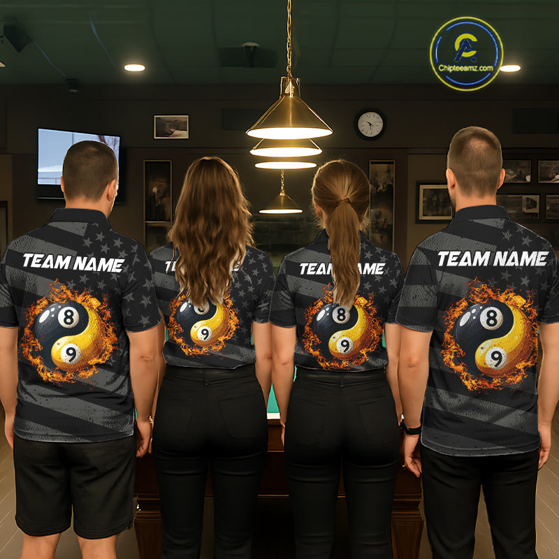Black US Flag Yin-Yang 8 Ball & 9 Ball Custom Billiard Shirts For Men, Billiard Team Jersey TDM5460
