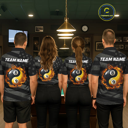 Black US Flag Yin-Yang 8 Ball & 9 Ball Custom Billiard Shirts For Men, Billiard Team Jersey TDM5460