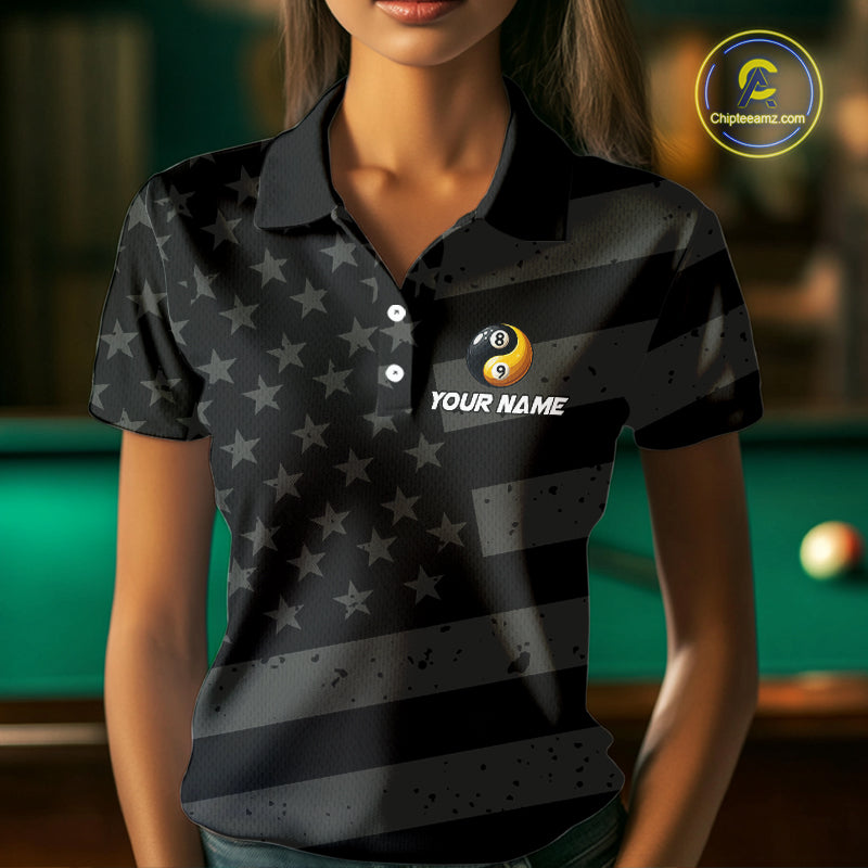 Black US Flag Yin-Yang 8 Ball & 9 Ball Custom Billiard Shirts For Women, Billiard Team Jersey TDM5460