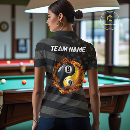 Black US Flag Yin-Yang 8 Ball & 9 Ball Custom Billiard Shirts For Women, Billiard Team Jersey TDM5460