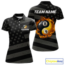 Load image into Gallery viewer, Black US Flag Yin-Yang 8 Ball &amp; 9 Ball Custom Billiard Shirts For Women, Billiard Team Jersey TDM5460