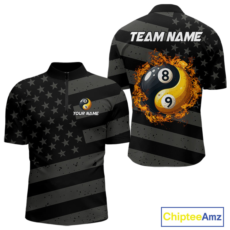 Black US Flag Yin-Yang 8 Ball & 9 Ball Custom Billiard Shirts For Men, Billiard Team Jersey TDM5460