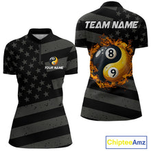 Load image into Gallery viewer, Black US Flag Yin-Yang 8 Ball &amp; 9 Ball Custom Billiard Shirts For Women, Billiard Team Jersey TDM5460