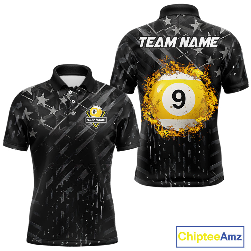 Black US Flag 9 Ball Fire Billiard Shirt For Men Custom Pool Team Billiard Jersey Polo & 1/4 Zip TDM5461