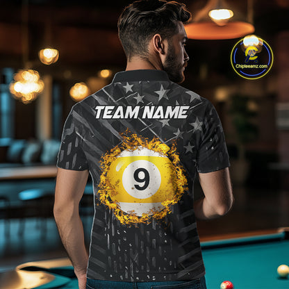 Black US Flag 9 Ball Fire Billiard Shirt For Men Custom Pool Team Billiard Jersey Polo & 1/4 Zip TDM5461