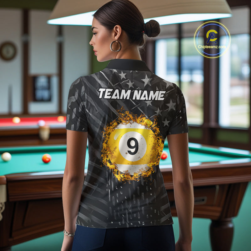 Black US Flag 9 Ball Fire Billiard Shirt For Women Custom Pool Team Billiard Jersey Polo & 1/4 Zip TDM5461