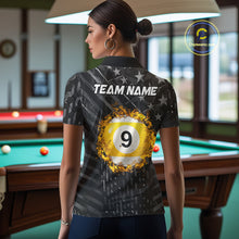 Load image into Gallery viewer, Black US Flag 9 Ball Fire Billiard Shirt For Women Custom Pool Team Billiard Jersey Polo &amp; 1/4 Zip TDM5461