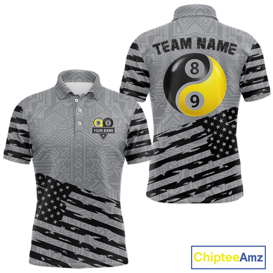 Grey US Flag Yin-Yang 8 & 9 Ball Billiard Shirt For Men Custom Pool Team Jersey Polo & 1/4 Zip TDM5463