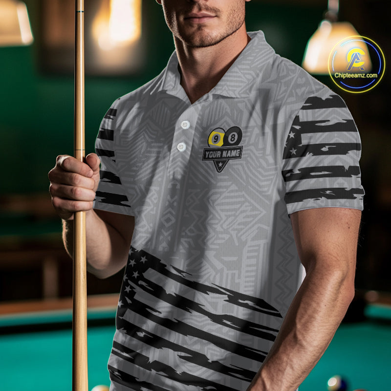 Grey US Flag Yin-Yang 8 & 9 Ball Billiard Shirt For Men Custom Pool Team Jersey Polo & 1/4 Zip TDM5463