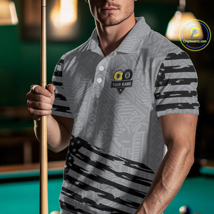 Grey US Flag Yin-Yang 8 & 9 Ball Billiard Shirt For Men Custom Pool Team Jersey Polo & 1/4 Zip TDM5463