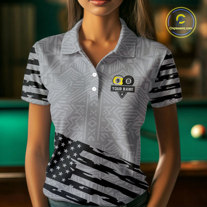Grey US Flag Yin-Yang 8 & 9 Ball Billiard Shirt For Women Custom Pool Team Jersey Polo & 1/4 Zip TDM5463