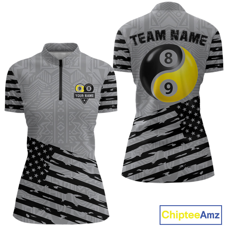 Grey US Flag Yin-Yang 8 & 9 Ball Billiard Shirt For Women Custom Pool Team Jersey Polo & 1/4 Zip TDM5463