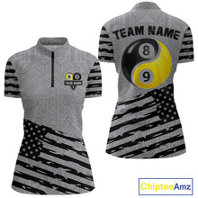 Load image into Gallery viewer, Grey US Flag Yin-Yang 8 &amp; 9 Ball Billiard Shirt For Women Custom Pool Team Jersey Polo &amp; 1/4 Zip TDM5463