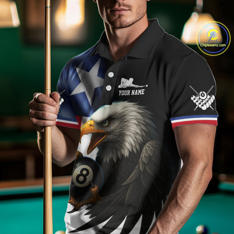 Texas Flag Eagle 8 Ball Men's Billiard Polo & 1/4 Zip Custom Patriotic Team Billiard Pool Jersey TDM5464