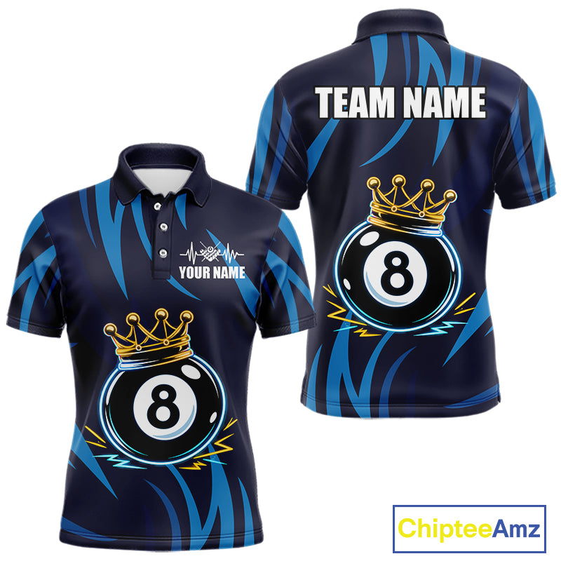 Blue Funny 8 Ball Pool Crown Neon Billiard Shirt For Men Custom Billiard Team Jersey Polo, 1/4 Zip TDM5737