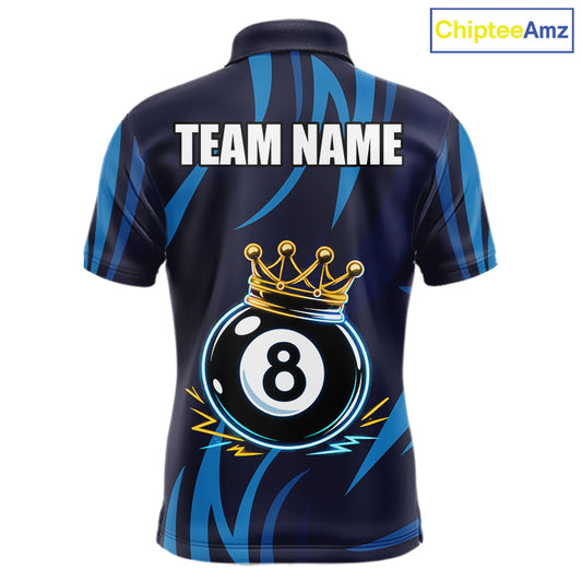 Blue Funny 8 Ball Pool Crown Neon Billiard Shirt For Men Custom Billiard Team Jersey Polo, 1/4 Zip TDM5737