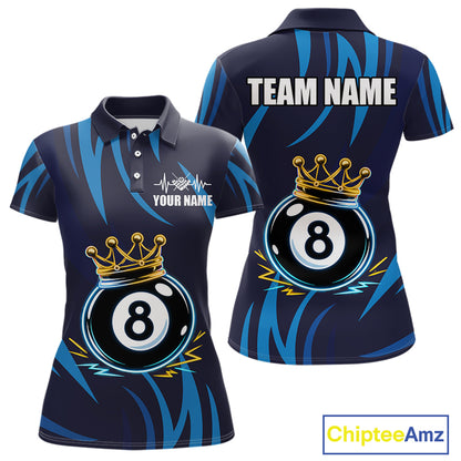 Blue Funny 8 Ball Pool Crown Neon Billiard Shirt For Women Custom Billiard Team Jersey Polo, 1/4 Zip TDM5737