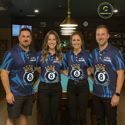 Blue Funny 8 Ball Pool Crown Neon Billiard Shirt For Men Custom Billiard Team Jersey Polo, 1/4 Zip TDM5737