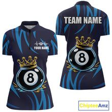 Load image into Gallery viewer, Blue Funny 8 Ball Pool Crown Neon Billiard Shirt For Women Custom Billiard Team Jersey Polo, 1/4 Zip TDM5737
