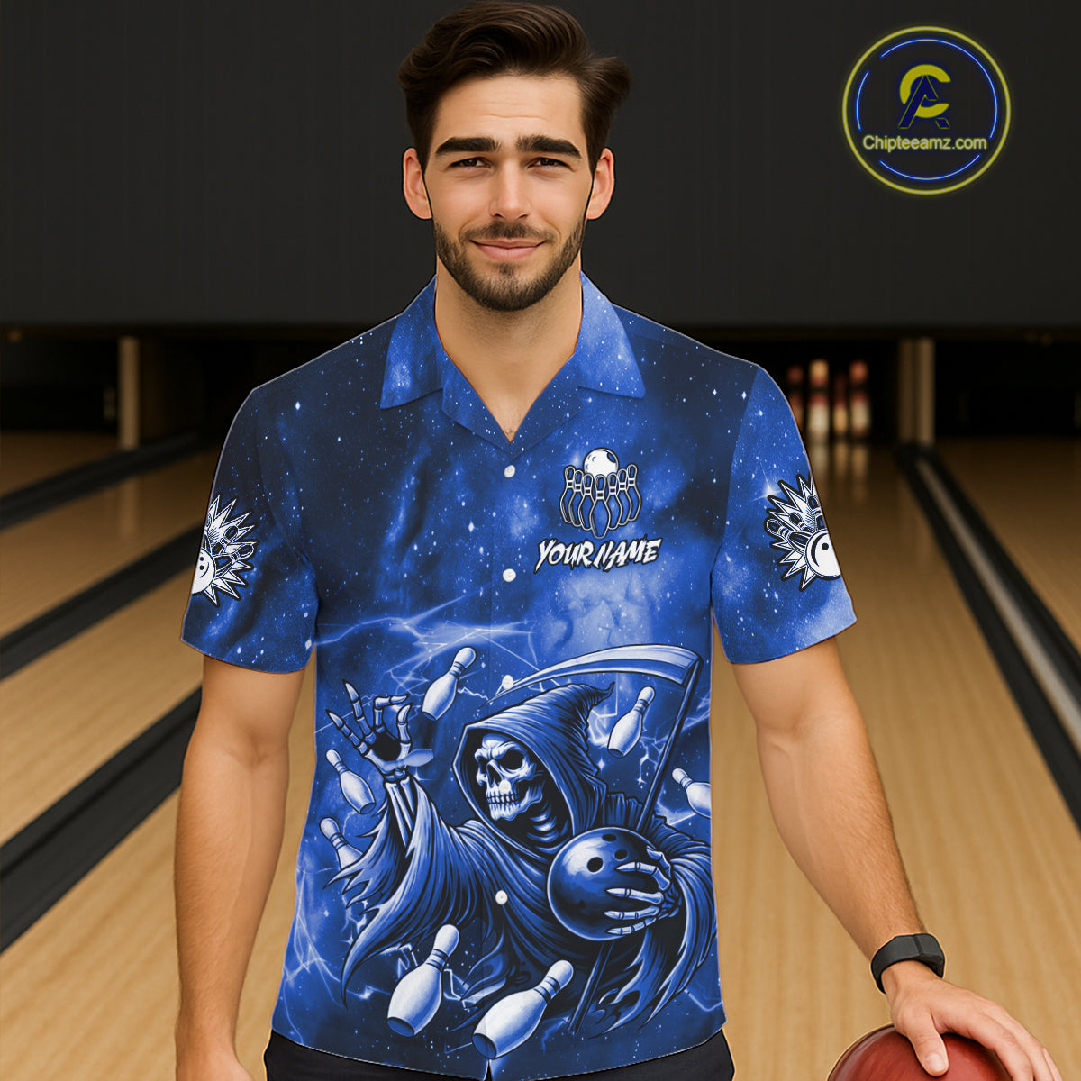 Funny Blue Grim Reaper Galaxy Hawaiian Bowling Shirt For Women Custom Bowling Team Jersey Outfit TDM6079