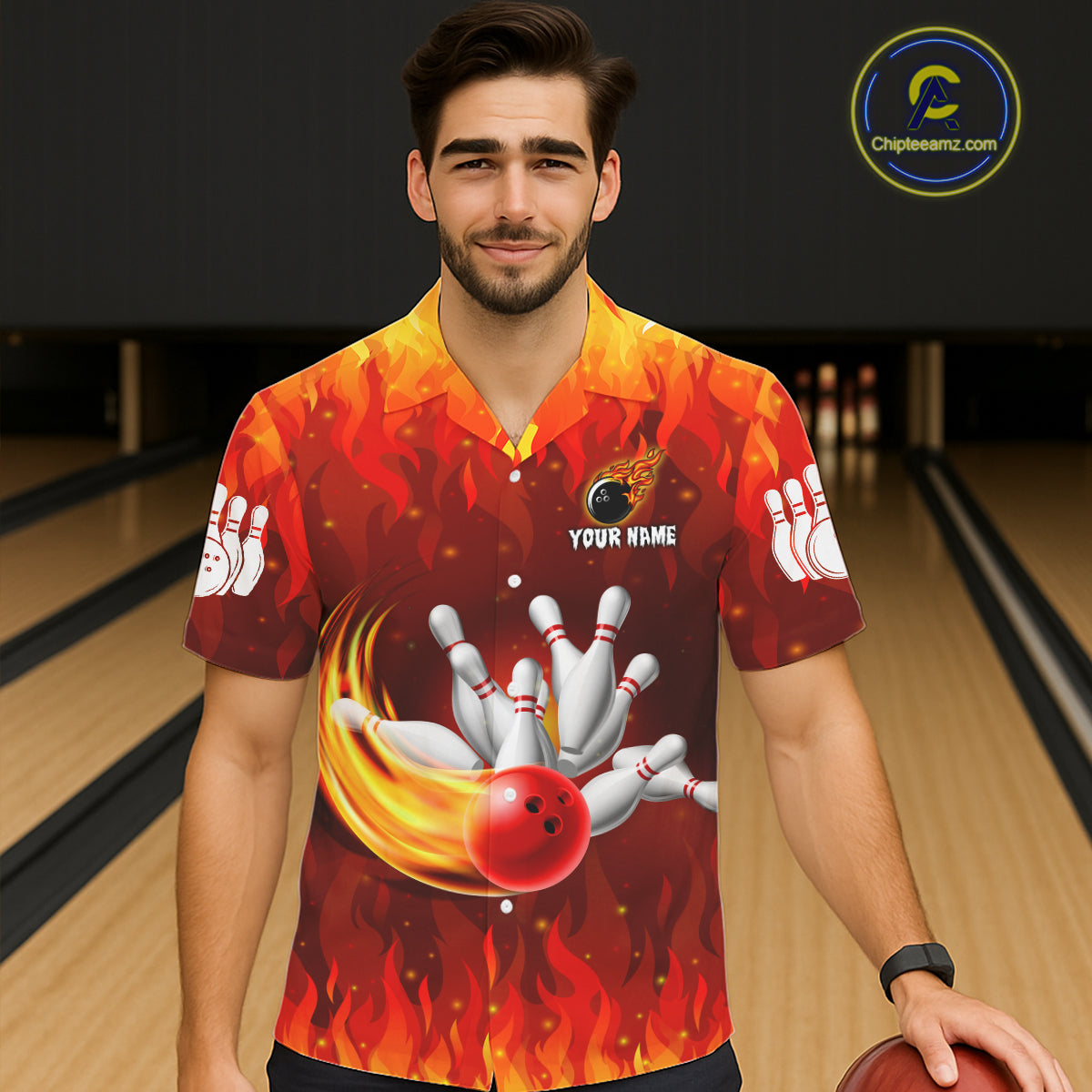 Personalized Flame Red Hawaiian Bowling Shirt For Women Custom Fire Bowling Team Jersey TDM6089