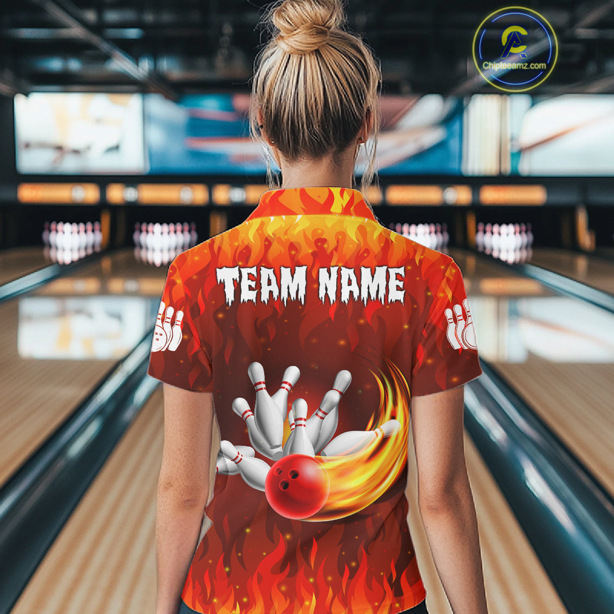 Personalized Flame Red Bowling Shirt For Women Custom Fire Bowling Team Jersey Polo & 1/4 Zip TDM6089