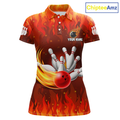Personalized Flame Red Bowling Shirt For Women Custom Fire Bowling Team Jersey Polo & 1/4 Zip TDM6089