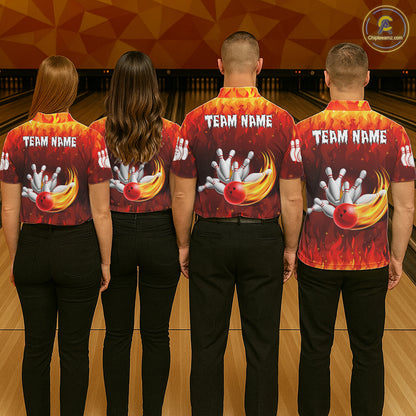 Personalized Flame Red Bowling Shirt For Women Custom Fire Bowling Team Jersey Polo & 1/4 Zip TDM6089