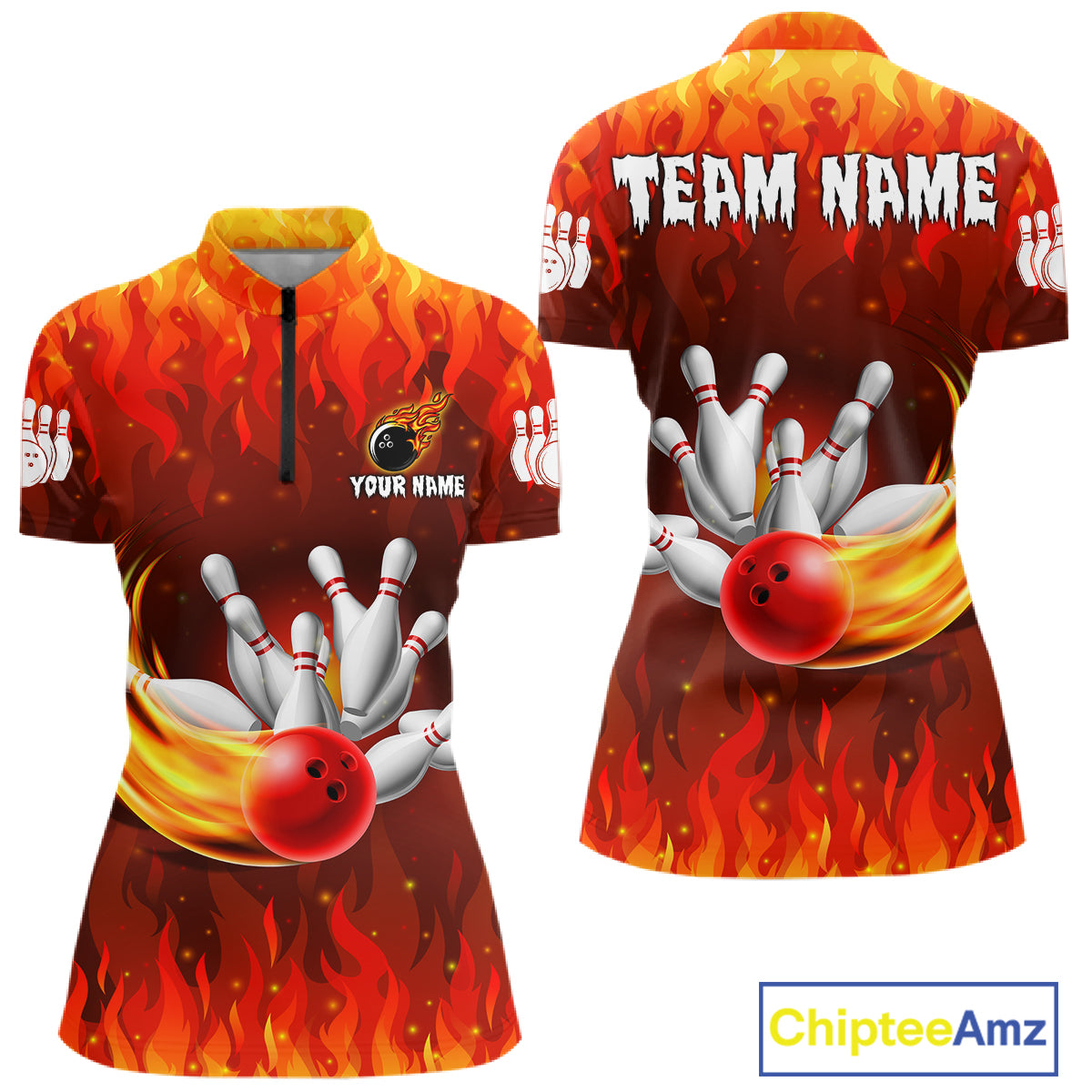 Personalized Flame Red Bowling Shirt For Women Custom Fire Bowling Team Jersey Polo & 1/4 Zip TDM6089