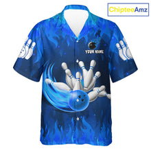 Load image into Gallery viewer, Personalized Flame Blue Hawaiian Bowling Shirt For Women Custom Fire Bowling Team Jersey TDM6090