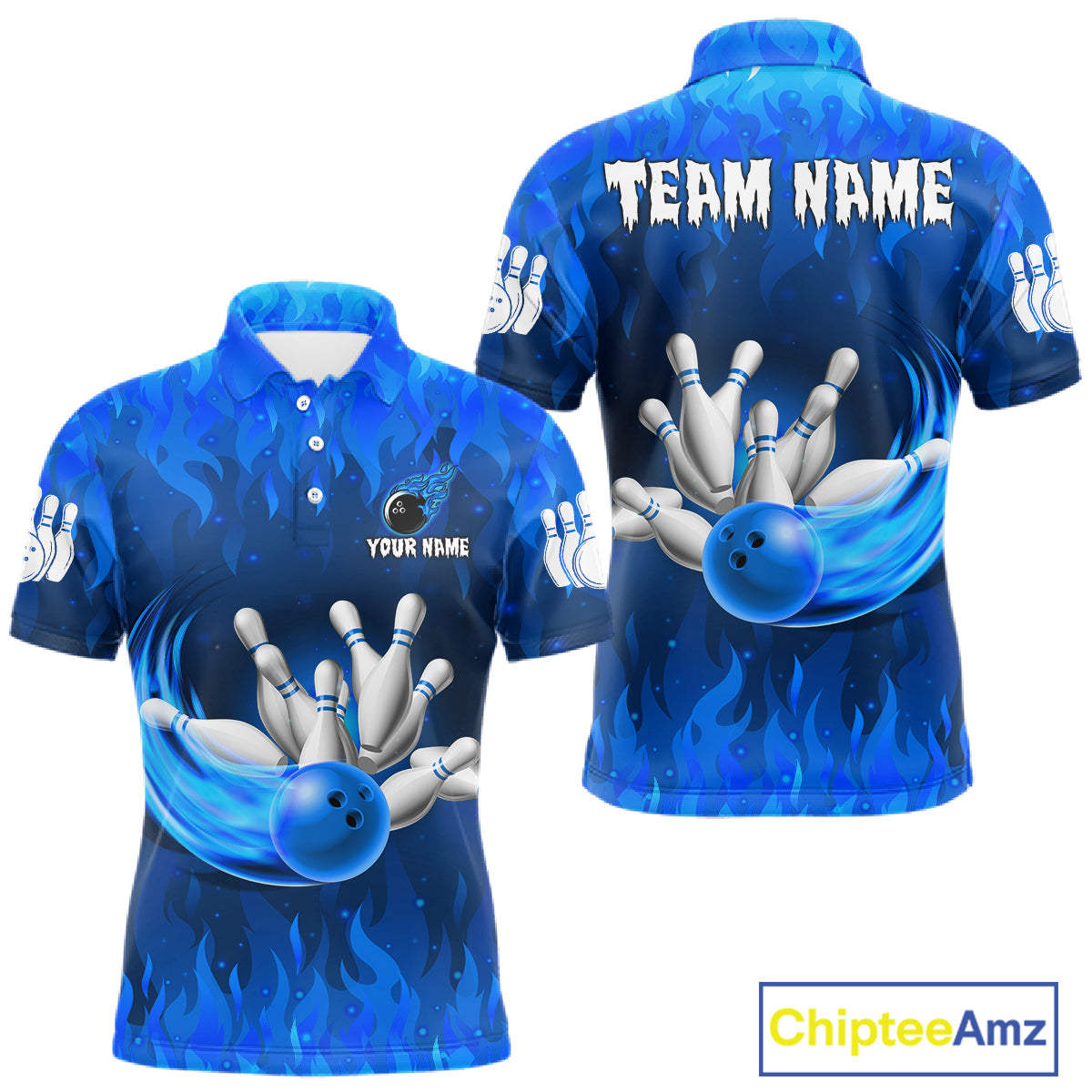 Personalized Flame Blue Bowling Shirt For Men Custom Fire Bowling Team Jersey Polo & 1/4 Zip TDM6090