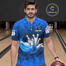 Load image into Gallery viewer, Personalized Flame Blue Bowling Shirt For Men Custom Fire Bowling Team Jersey Polo &amp; 1/4 Zip TDM6090