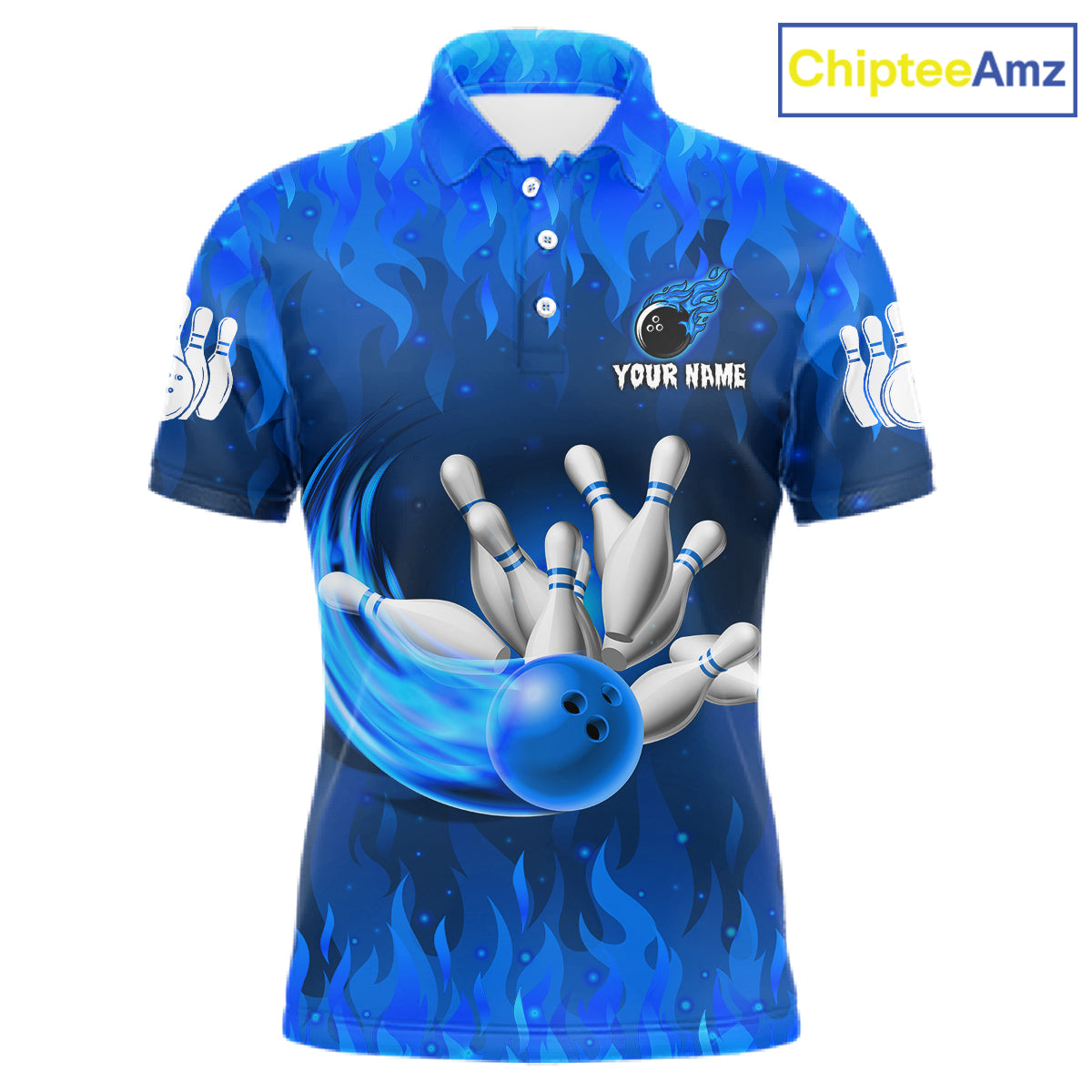 Personalized Flame Blue Bowling Shirt For Men Custom Fire Bowling Team Jersey Polo & 1/4 Zip TDM6090