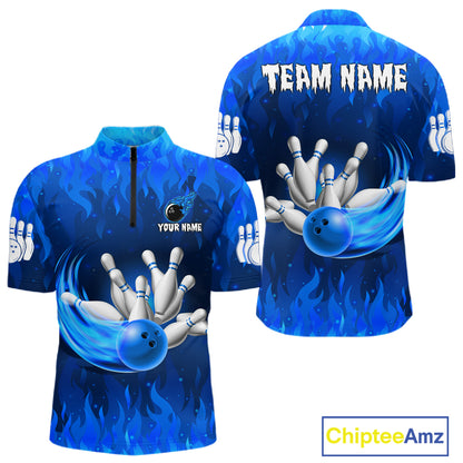 Personalized Flame Blue Bowling Shirt For Men Custom Fire Bowling Team Jersey Polo & 1/4 Zip TDM6090